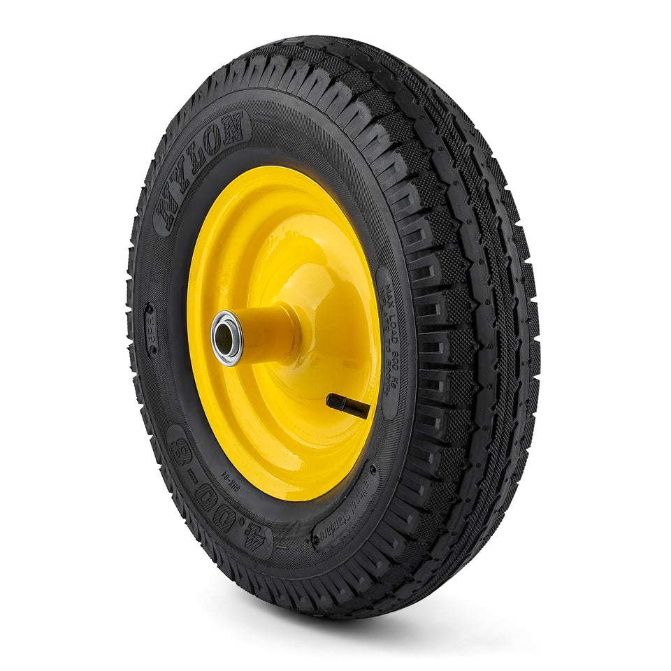 National Standard tubed tire and wheel assembly, side view showing universal fit.