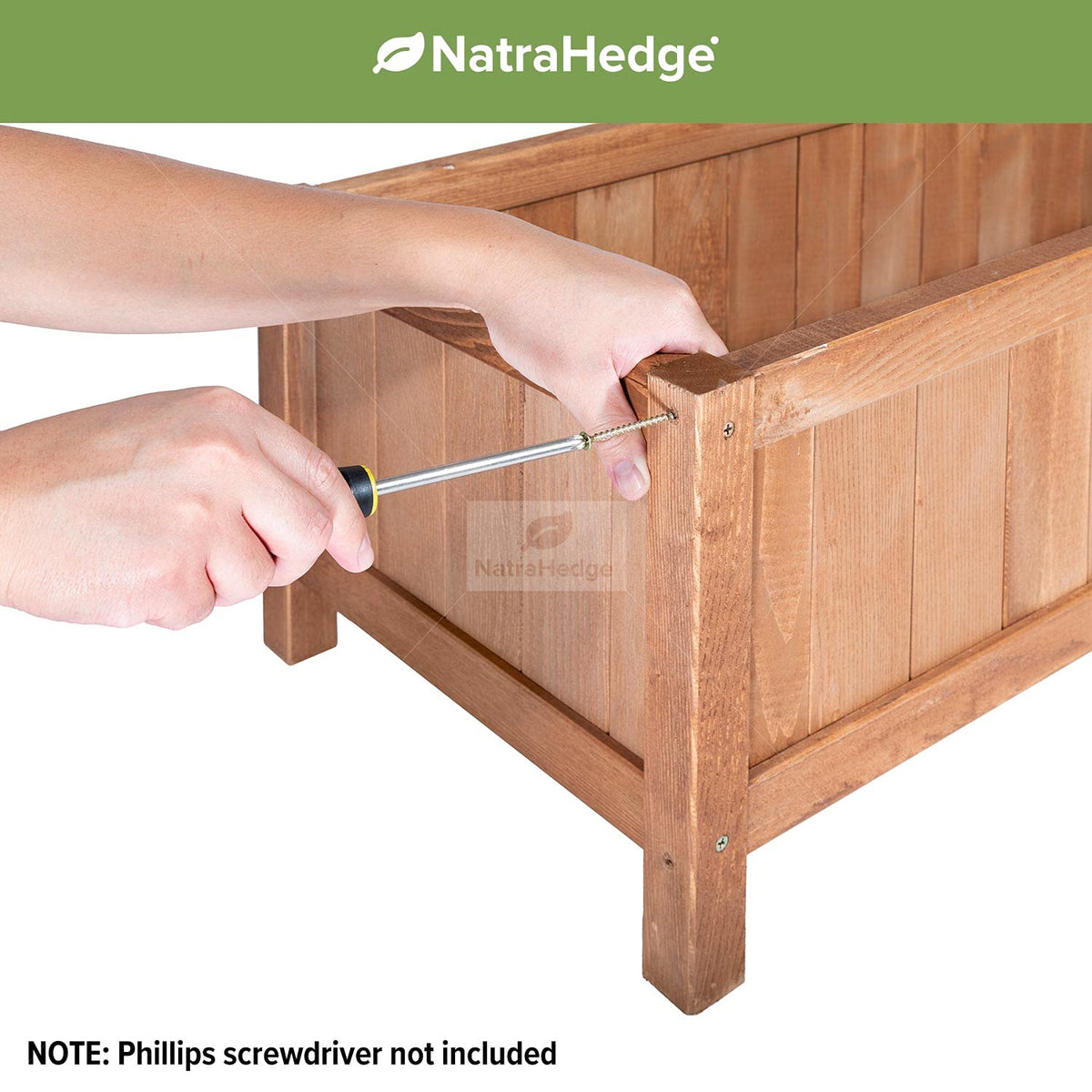 NatraHedge Hampton Classic planter box on patio, ready for outdoor or indoor use.