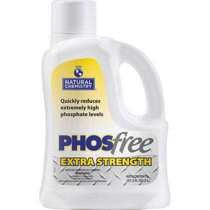 Natural Chemistry PhosFree Extra Strength bottle pour reduces phosphate levels quickly in large pools.