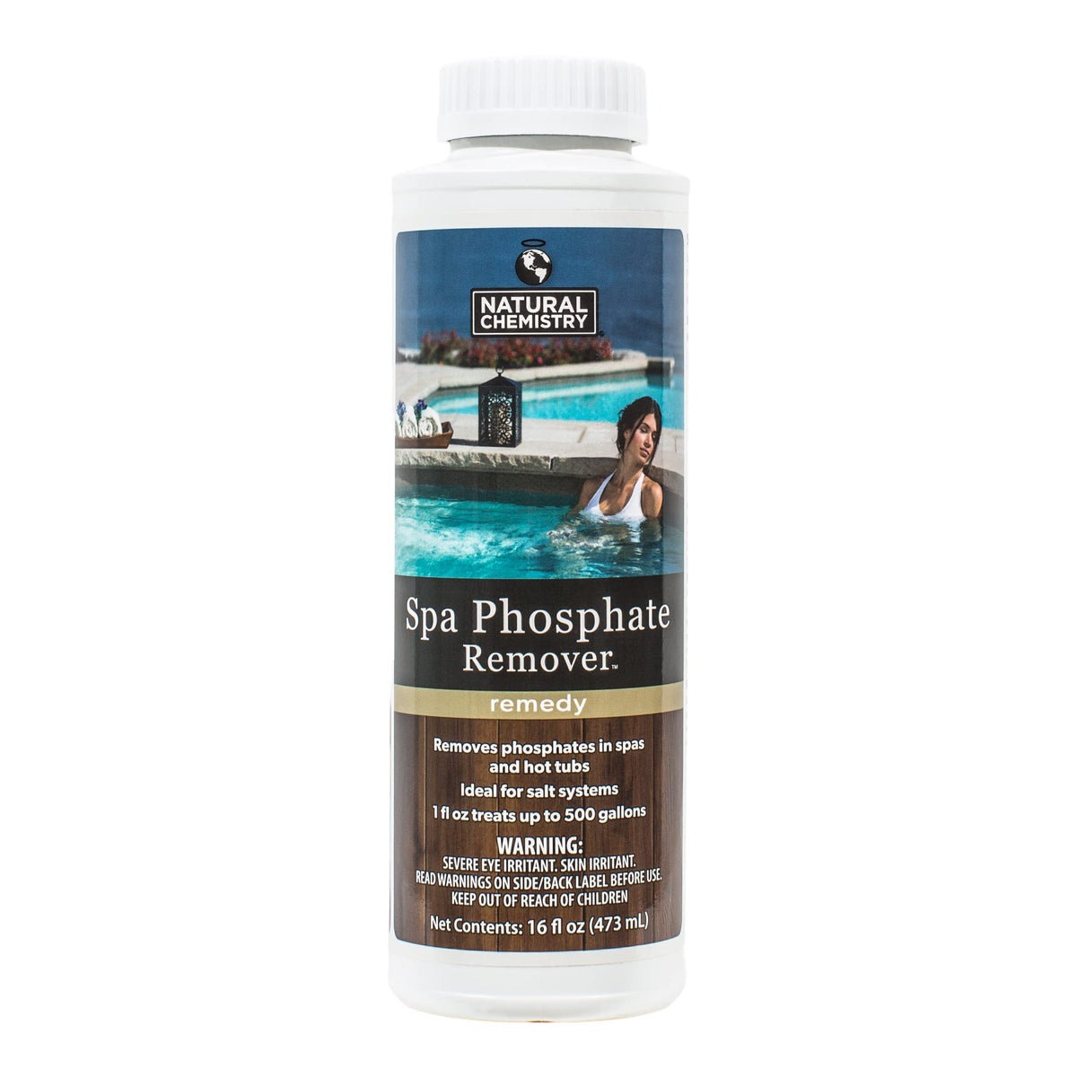 Natural Chemistry Spa Phosphate Remover bottle maintains clear spa water and reduces phosphate buildup