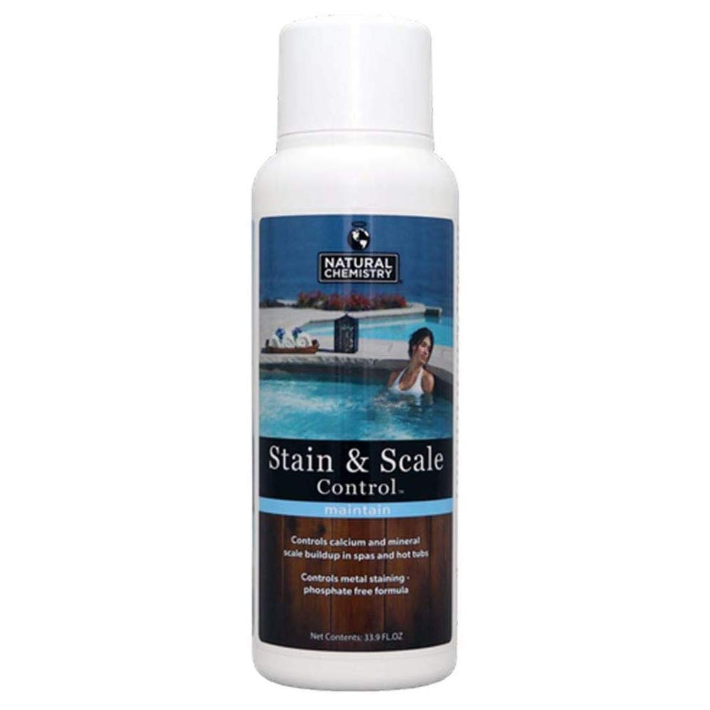 Natural Chemistry Stain & Scale bottle prevents mineral buildup for cleaner pool surfaces.