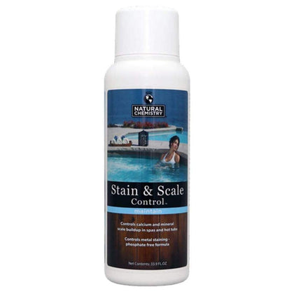 Natural Chemistry Stain & Scale bottle prevents mineral buildup for cleaner pool surfaces.