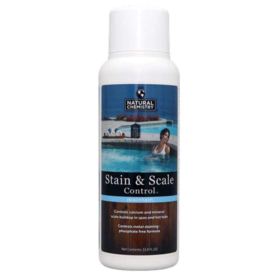 Natural Chemistry Stain & Scale bottle prevents mineral buildup for cleaner pool surfaces.