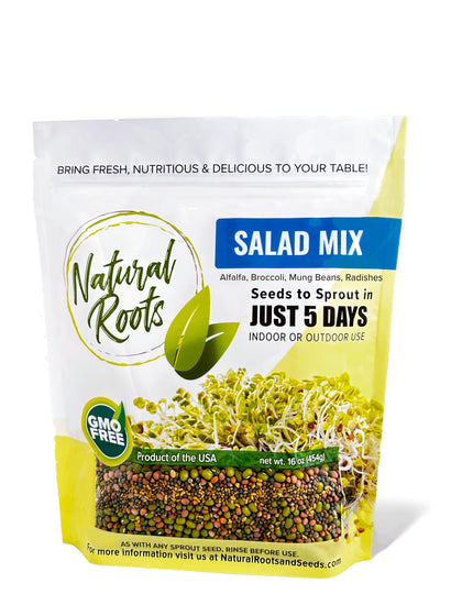 Natural Roots salad mix seeds in a jar for fresh sprouts at home.