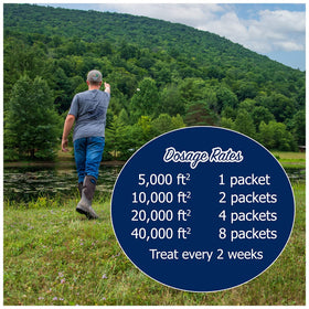 Natural Waterscapes Pond Cleanse packets dissolving to boost beneficial bacteria and water quality.