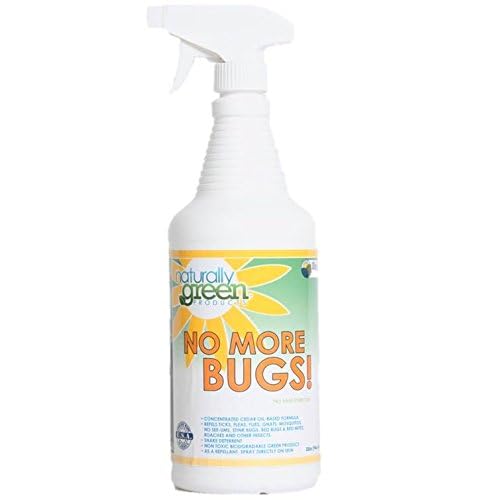 Naturally Green No More Bugs 32oz bottle applied to plants for pest deterrence.