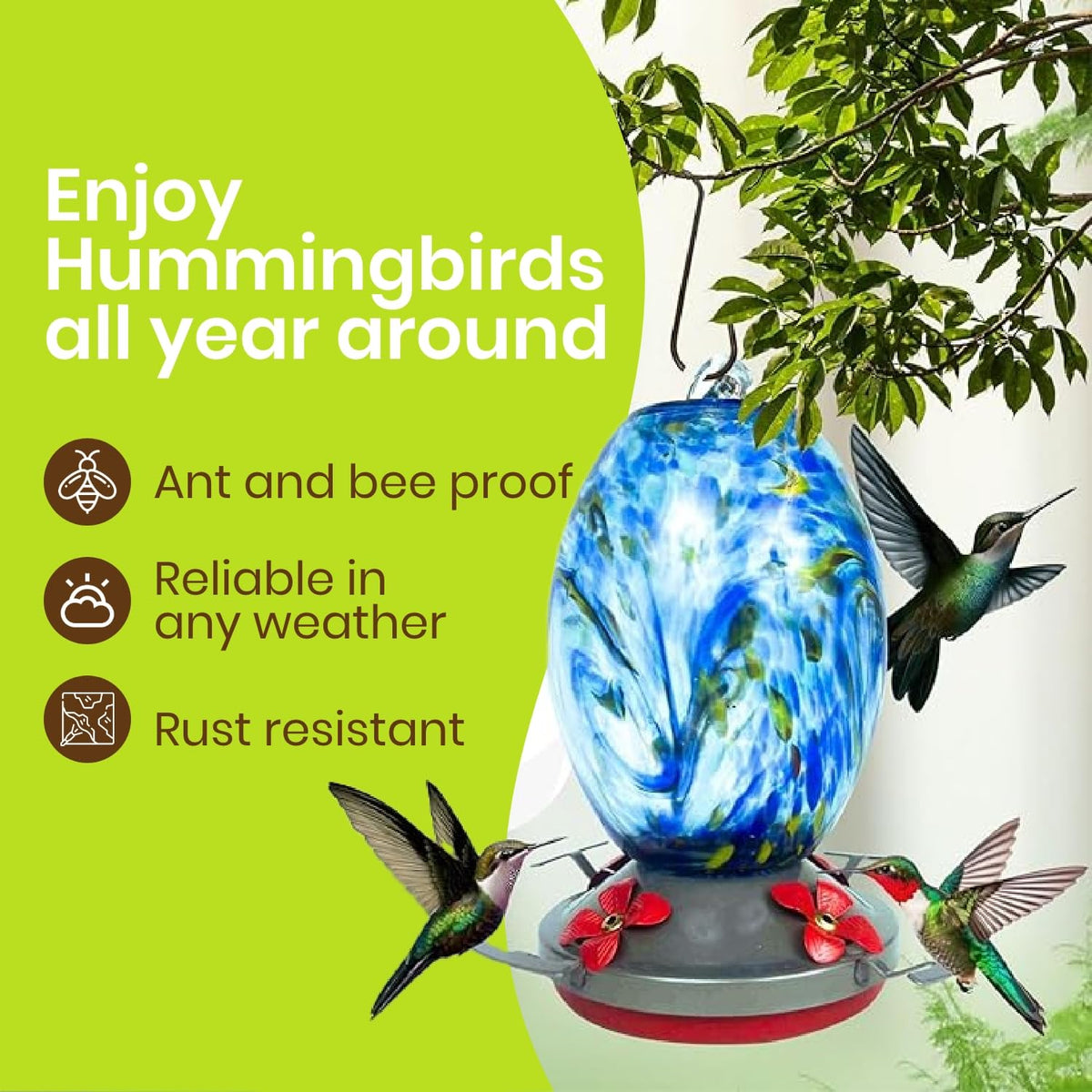 Nature Gear ant moat and glass hummingbird feeder shown together for cleaner nectar.