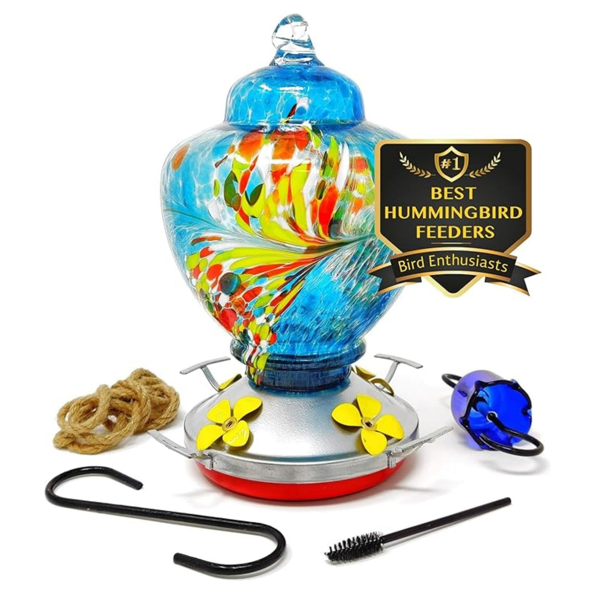 Nature Gear Glass Hummingbird Feeder in Blue Burst for outdoor feeding appeal.