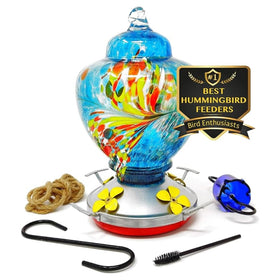 Nature Gear Glass Hummingbird Feeder in Blue Burst for outdoor feeding appeal.