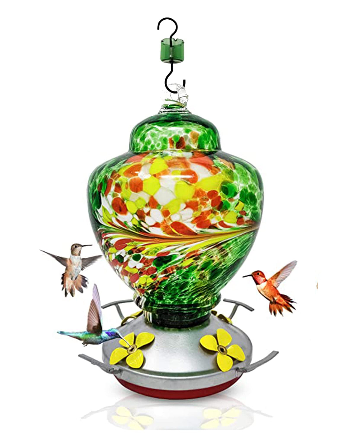 Nature Gear glass hummingbird feeder emerald green attracts hummingbirds to your garden.