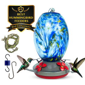 Nature Gear glass hummingbird feeder in sky blue front view for vibrant garden feeding.