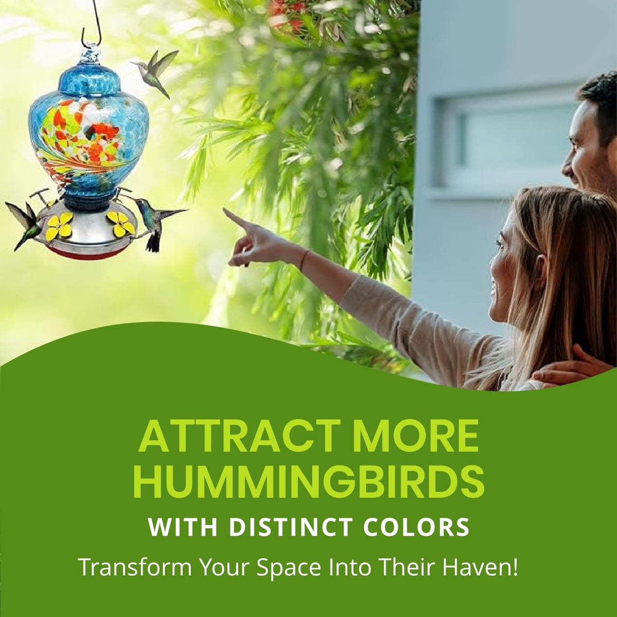 Nature Gear hand-blown glass design adds color and garden movement.