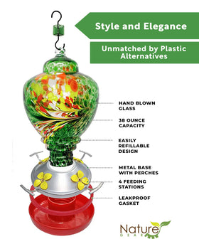 Nature Gear hand-blown glass feeder showcases vibrant color and craft.