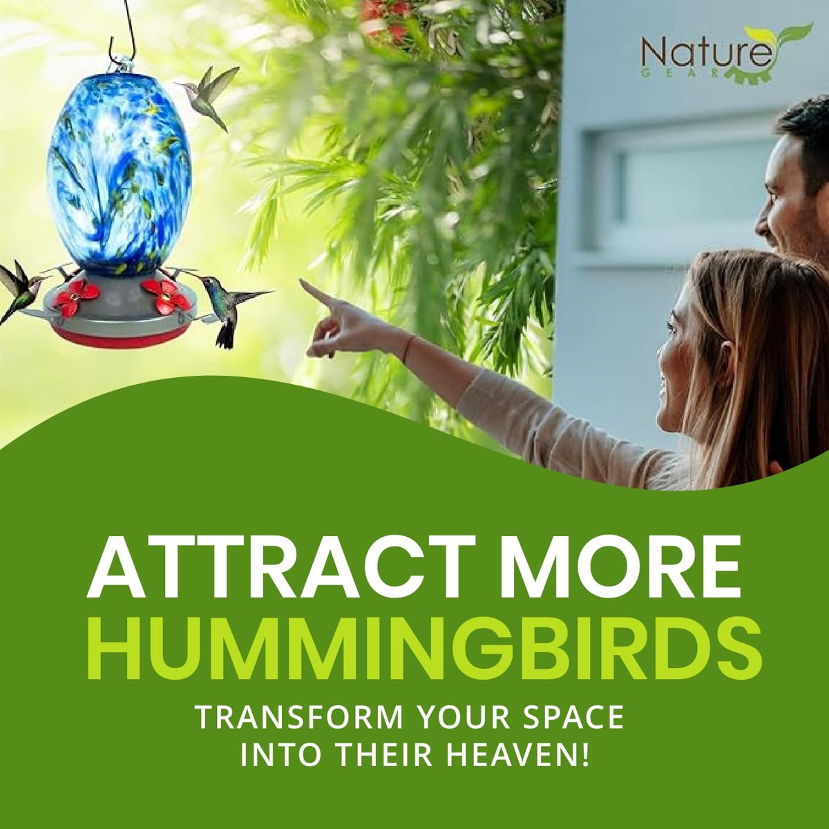 Nature Gear hummingbird feeder with ant moat closeup blocking ants while preserving nectar.