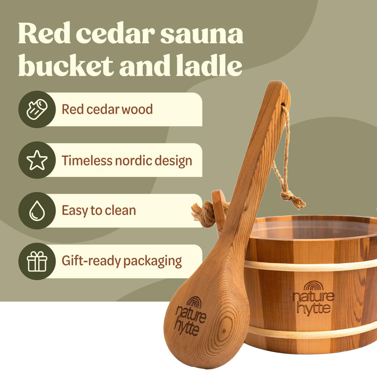 Nature Hytte sauna ladle with ergonomic handle for precise pouring.