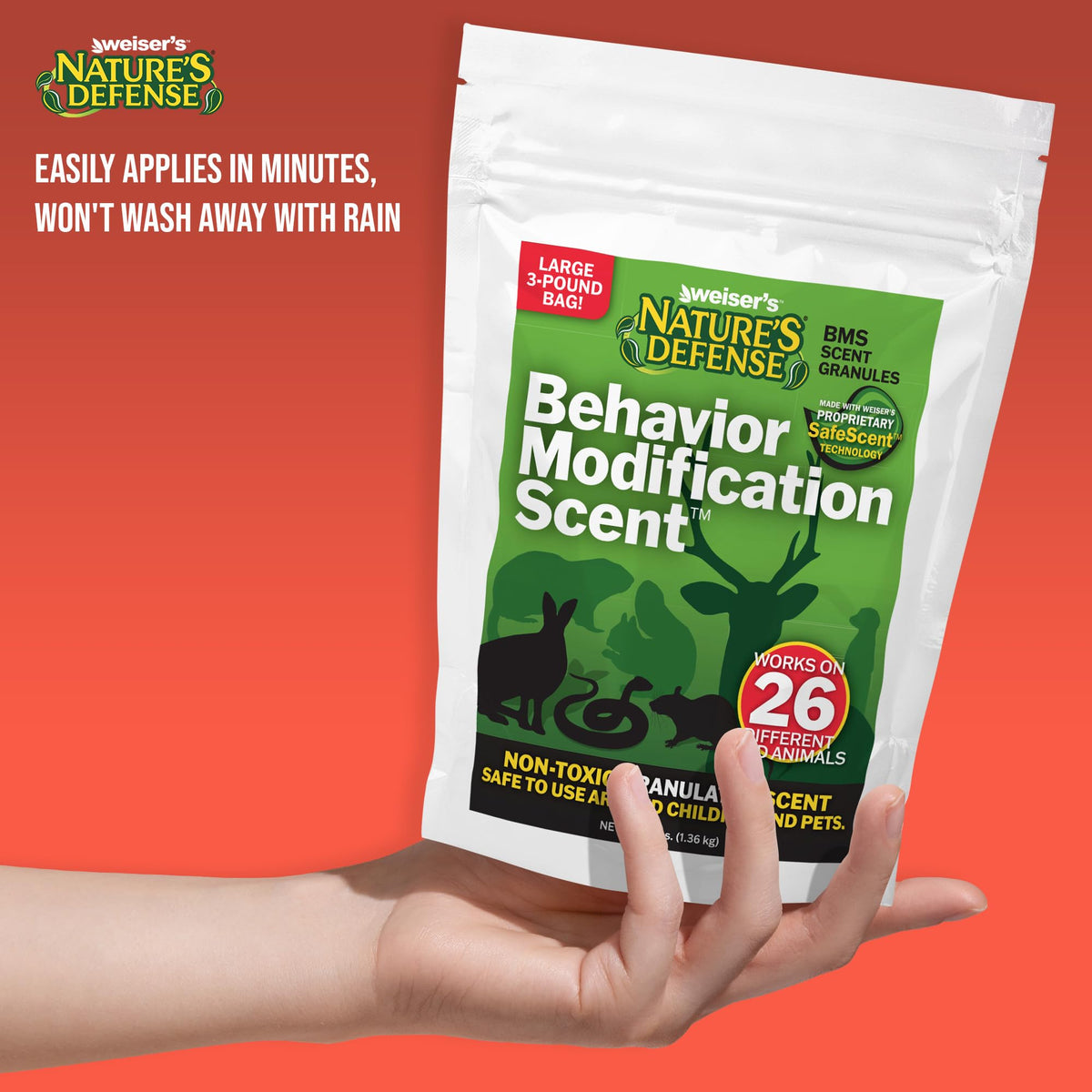 Nature's Defense easy-application granules simplify use around lawns and gardens.