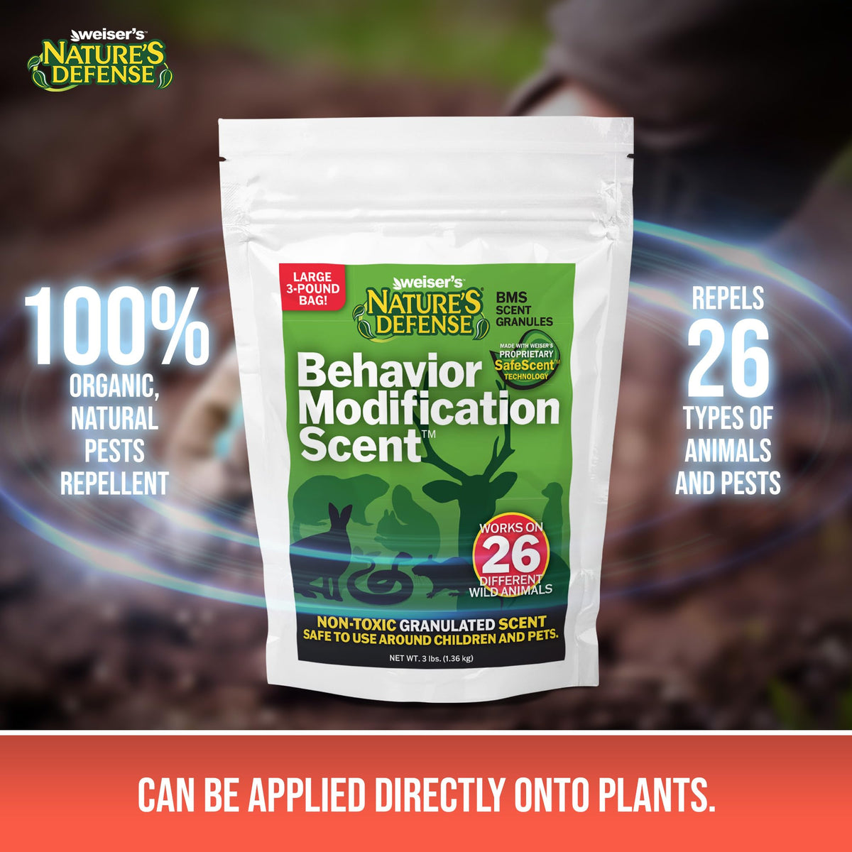 Nature's Defense natural ingredients create a barrier deterring animals without harsh chemicals.
