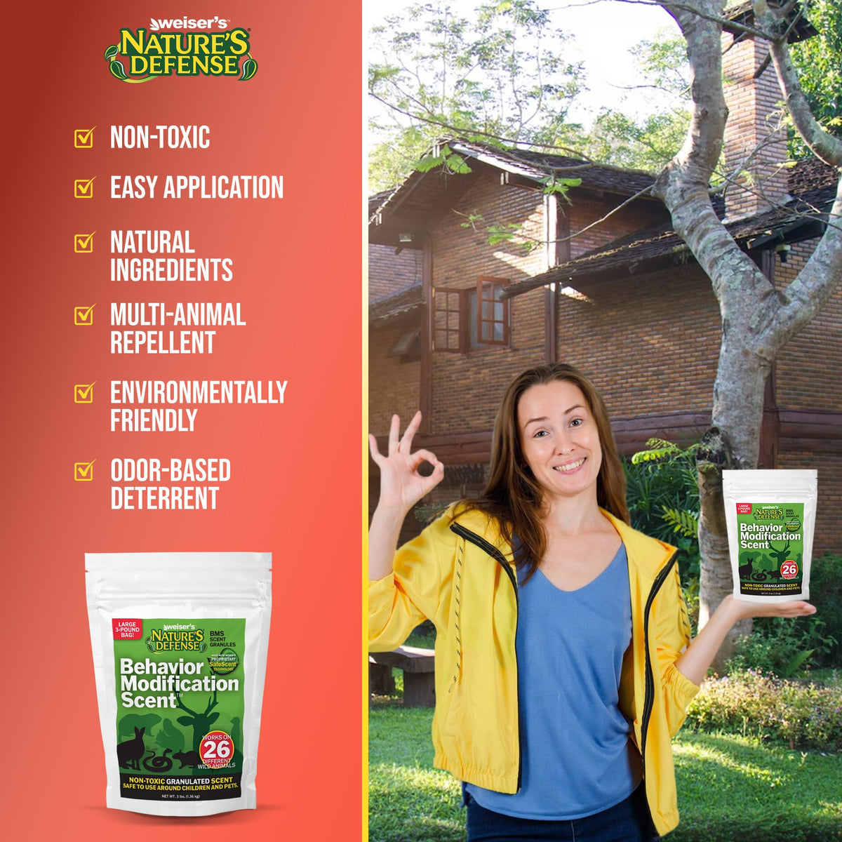 Nature's Defense outdoor protection squirrel repellent shows broad yard deterrence.