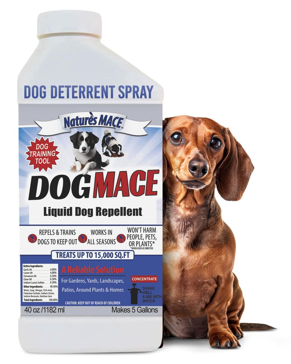 Nature's MACE Dog Mace bottle pour for easy outdoor deterrence around yards.