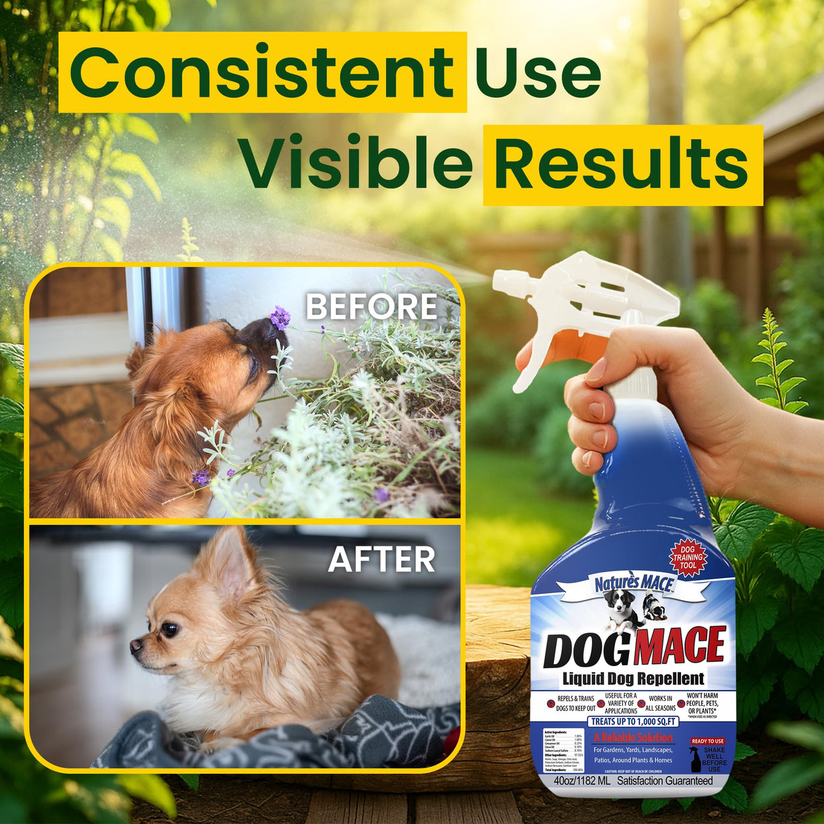 Nature's MACE Dog Mace plant-safe formula protects lawns and gardens.