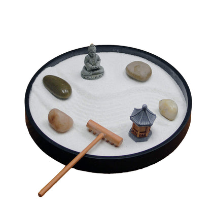 Nature's Mark Mini Zen Garden Kit on a desk with rake and white sand for focus