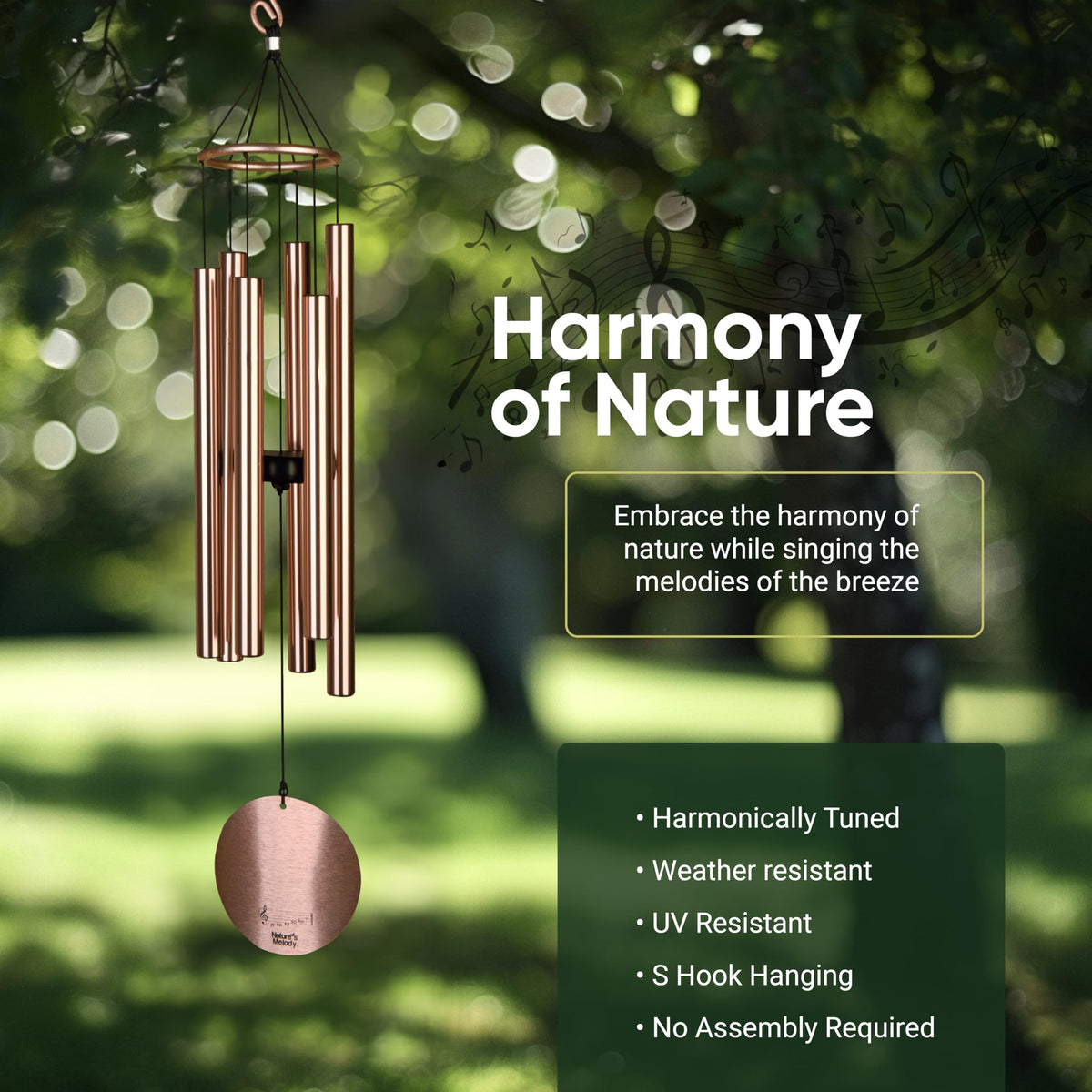 Rustproof aluminum and color finishes on Nature's Melody Aureole Tunes wind chimes