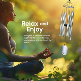 Nature's Melody Aureole Tunes wind chimes in black finish show rustproof aluminum durability outdoors.