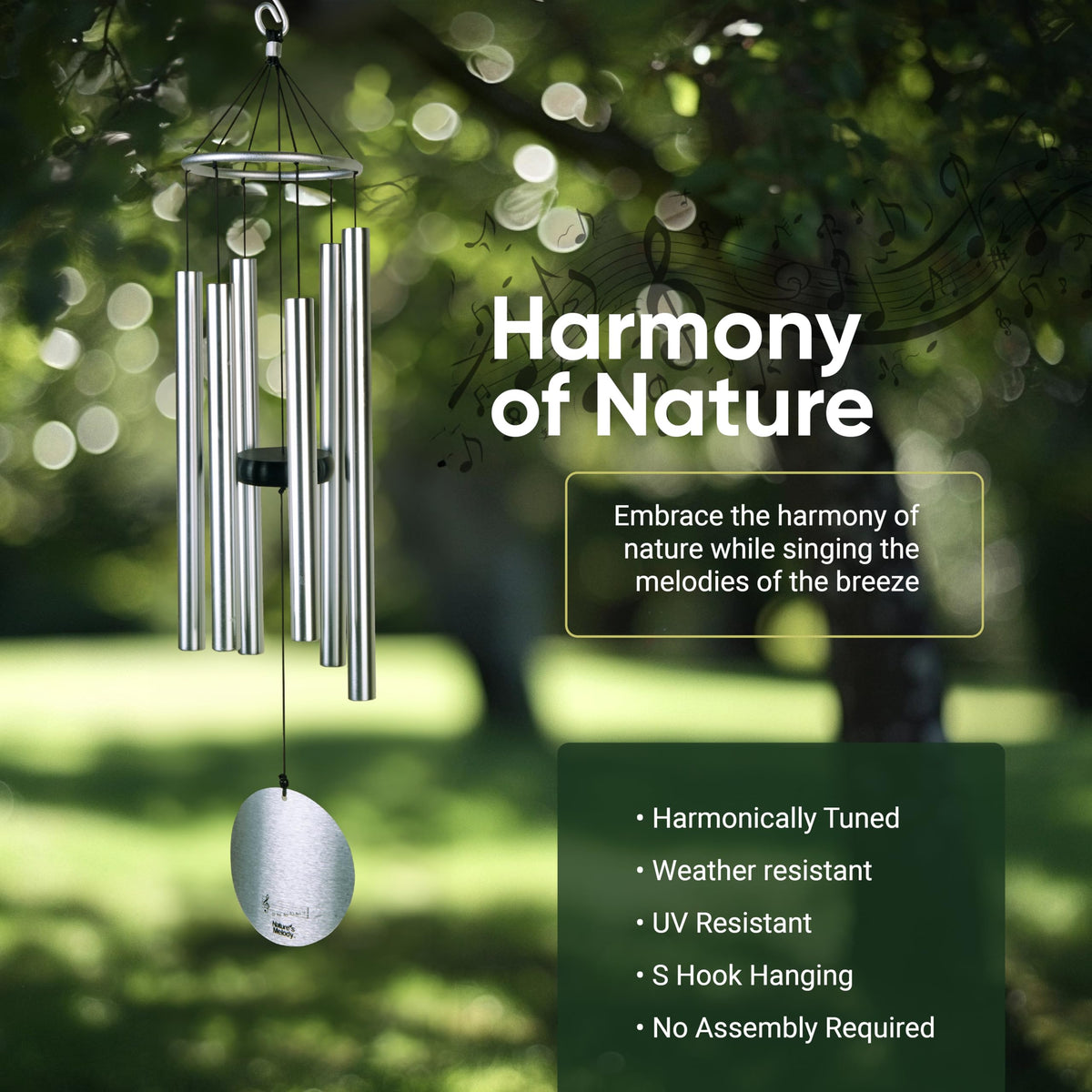 Nature's Melody Aureole Tunes wind chimes in forest green finish add color and outdoor durability.