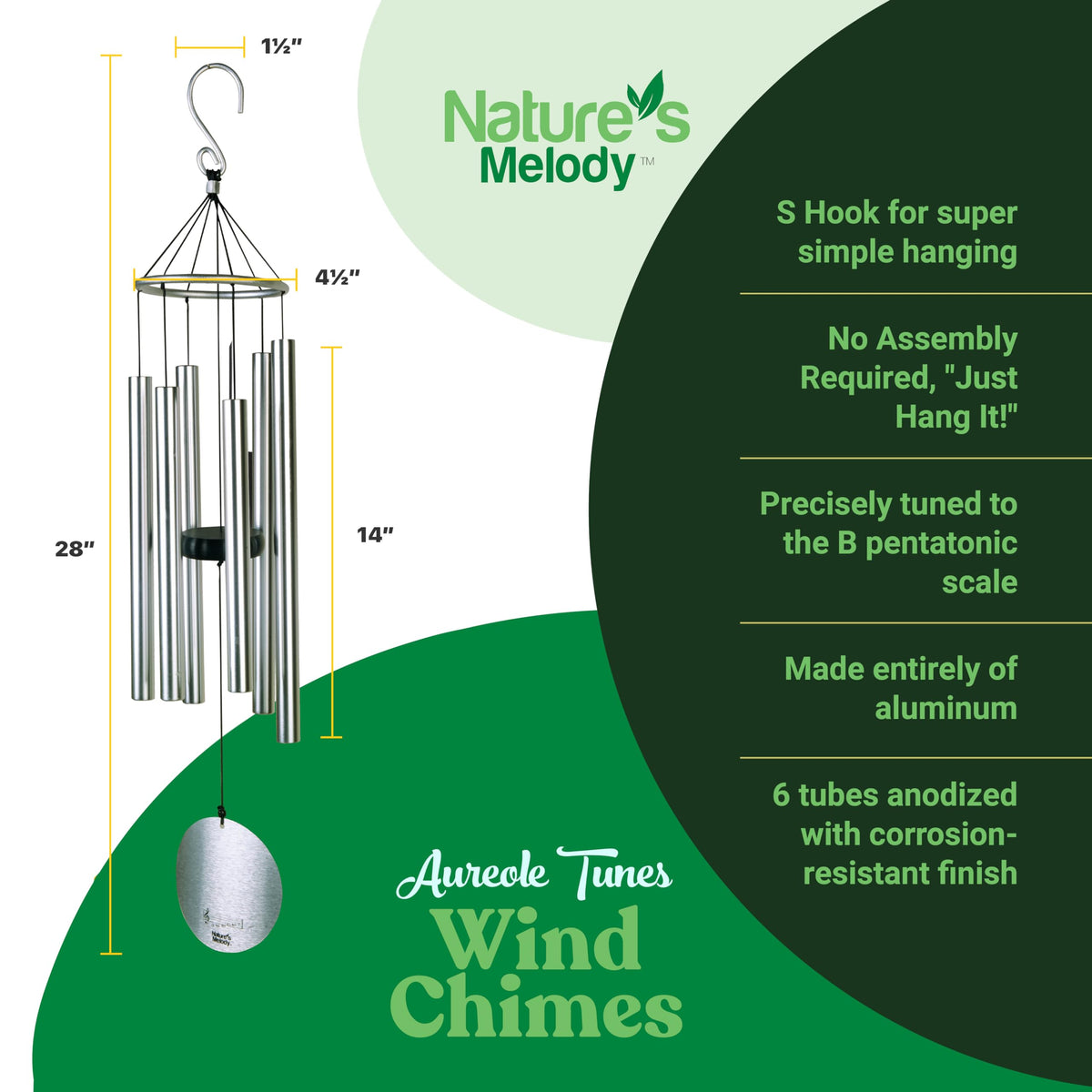 Nature's Melody Aureole Tunes wind chimes with S-hook hanger for quick outdoor installation.