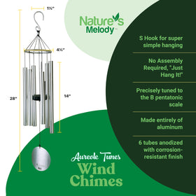 Nature's Melody Aureole Tunes wind chimes with S-hook hanger for quick outdoor installation.