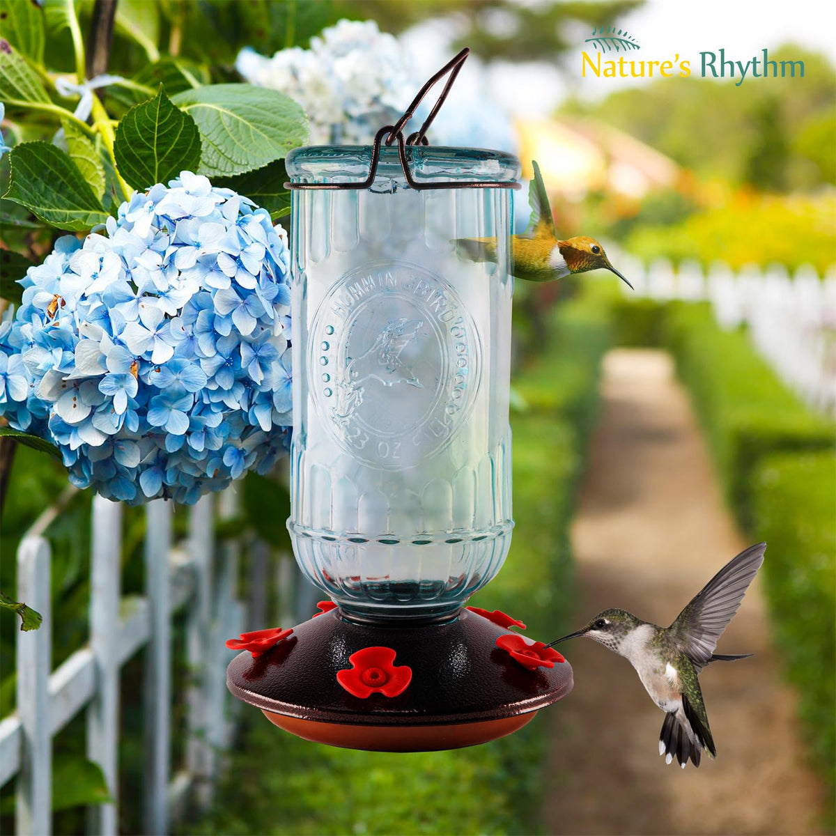 Nature's Rhythm 23-ounce nectar capacity per feeder supports longer visits.