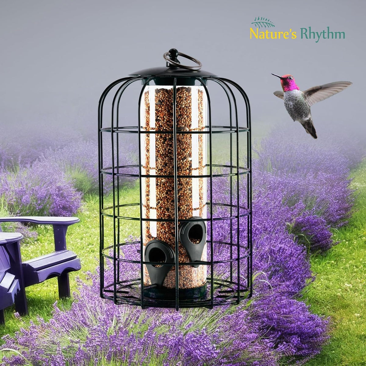 Nature's Rhythm backyard feeder on a hook invites birds to visit.