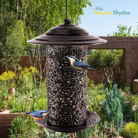 Nature's Rhythm feeder supports sunflower, mixed seeds, and various birds