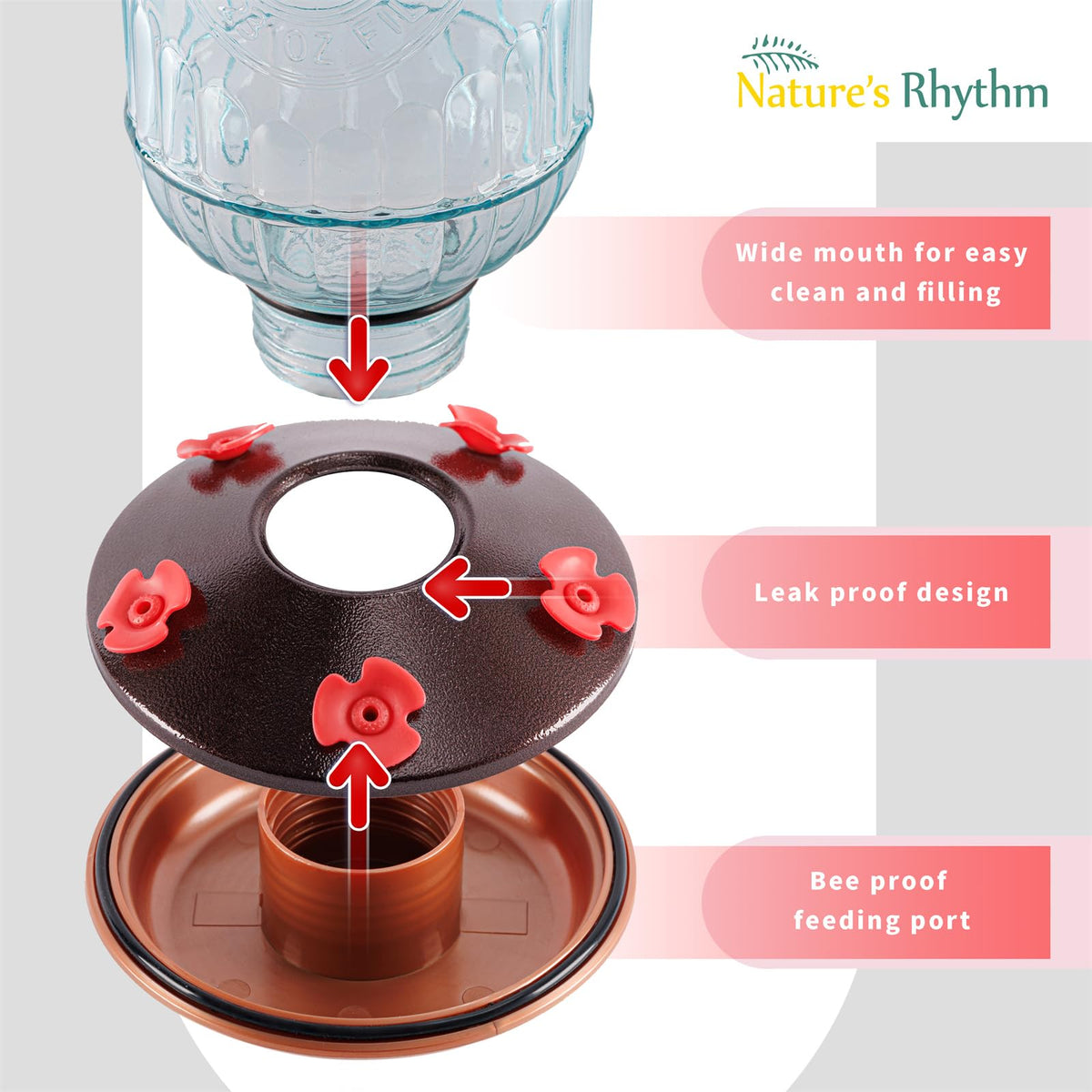 Nature's Rhythm five-port hummingbird feeder attracts multiple birds.