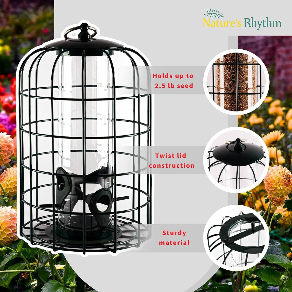 Nature's Rhythm four feeding ports enable simultaneous visits from multiple birds.