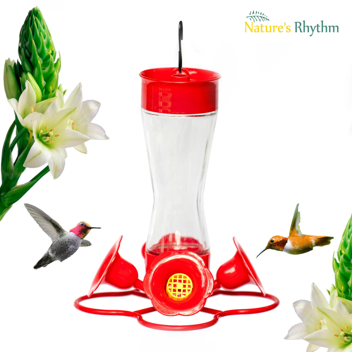 Nature's Rhythm hummingbird feeder port detail showing red flower ports for easy feeding.