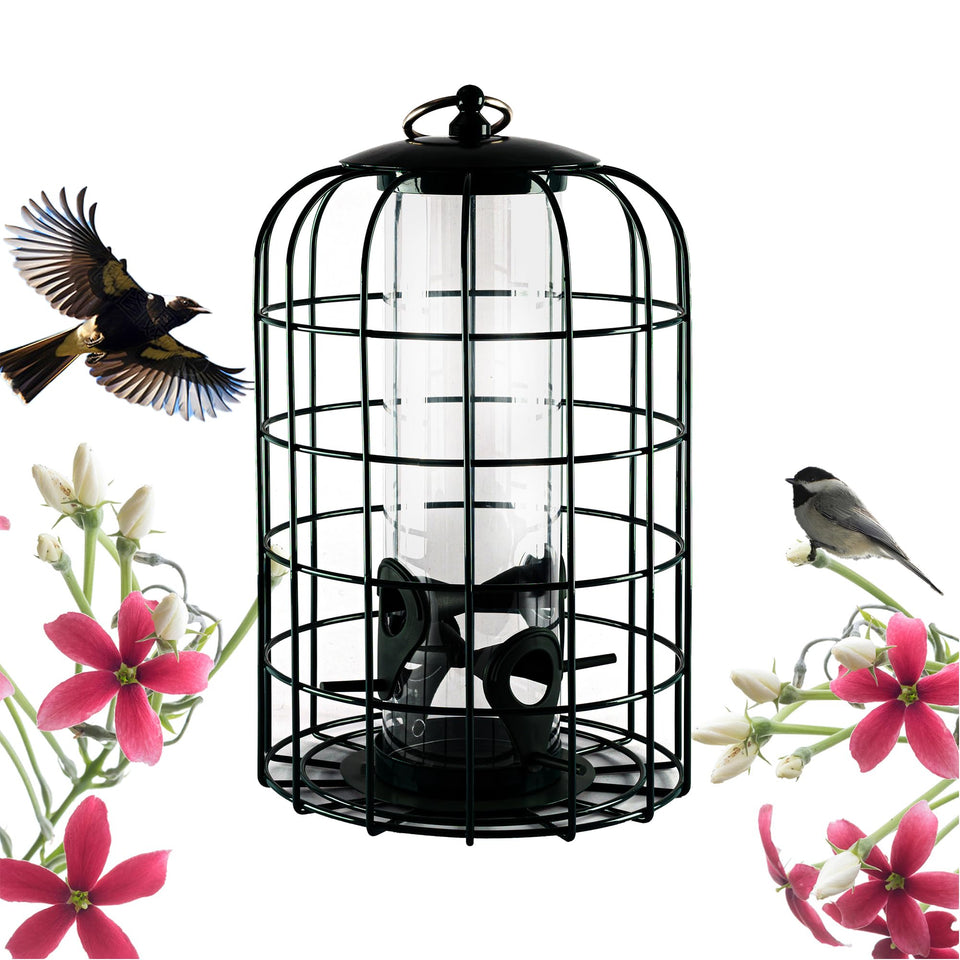 Nature's Rhythm outdoor hanging bird feeder cage; durable steel for year-round backyard use.
