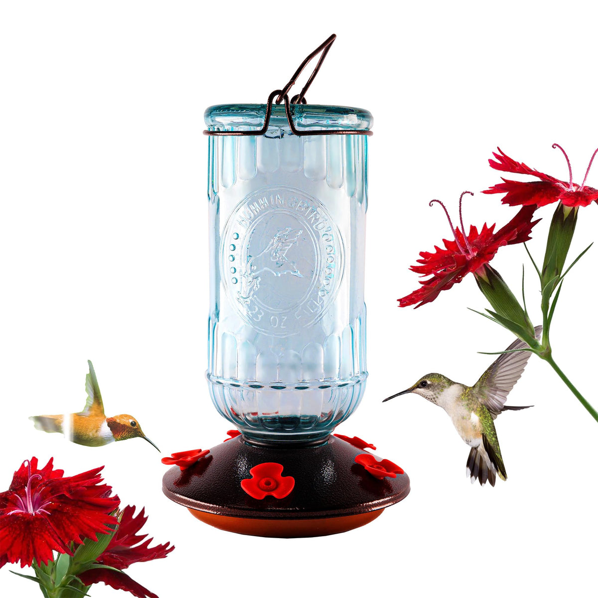 Nature's Rhythm bird feeder with vintage blue glass bottle and five ports attracts hummingbirds.