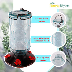 Nature's Rhythm bird feeder wide mouth glass bottle enables easy refilling.