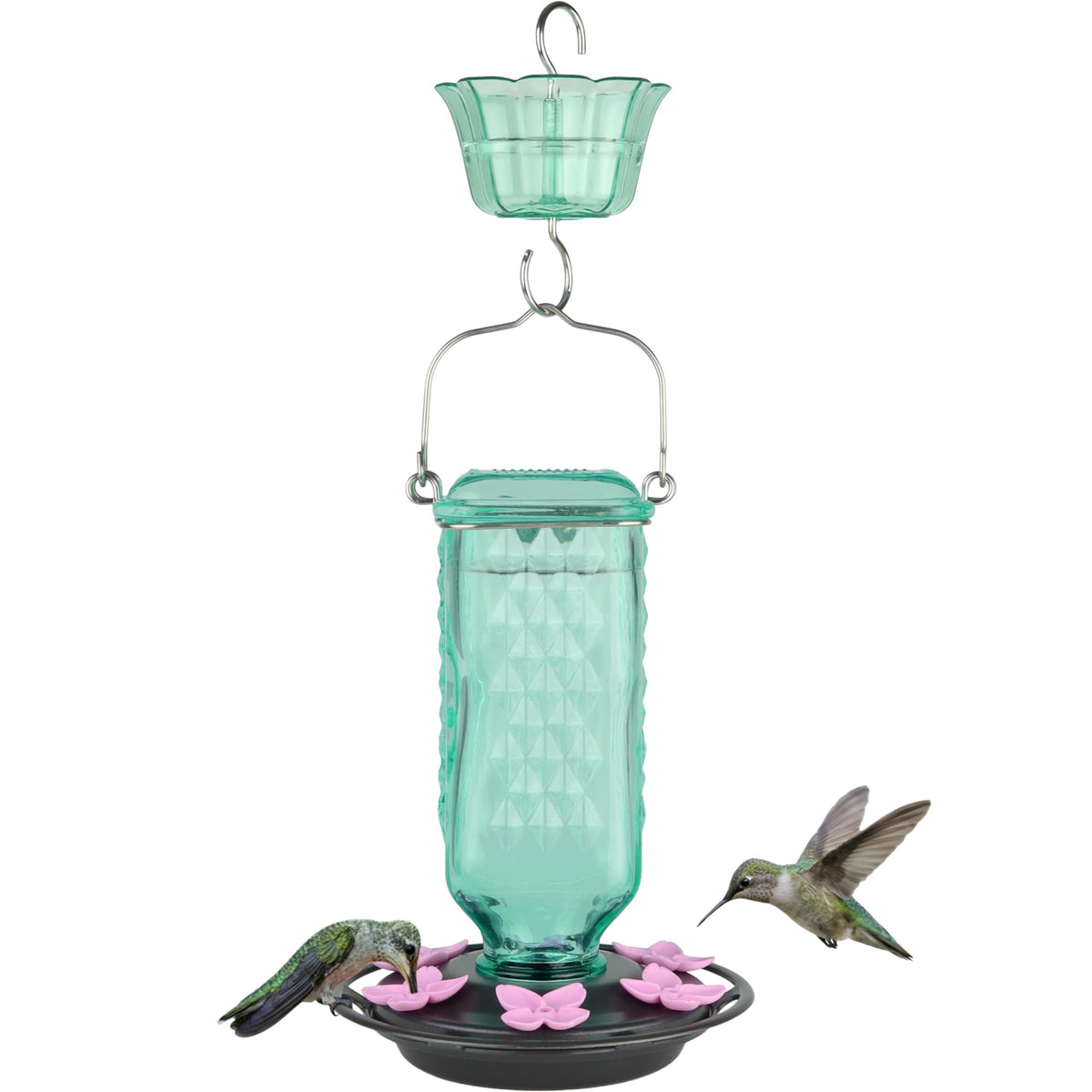 Nature’s Way Dewdrop Column teal glass reservoir attracts hummingbirds while aiding bee resistance.