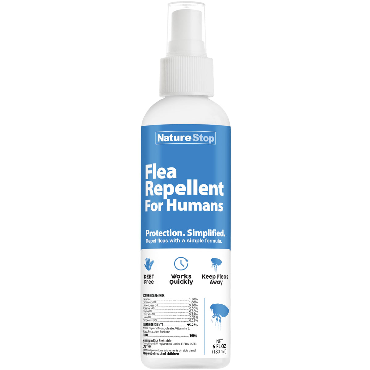 NatureStop flea repellent spray on skin for personal protection.
