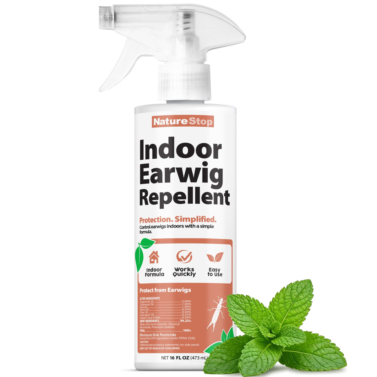 NatureStop Indoor Earwig Repellent Spray bottle deterring pests near basements