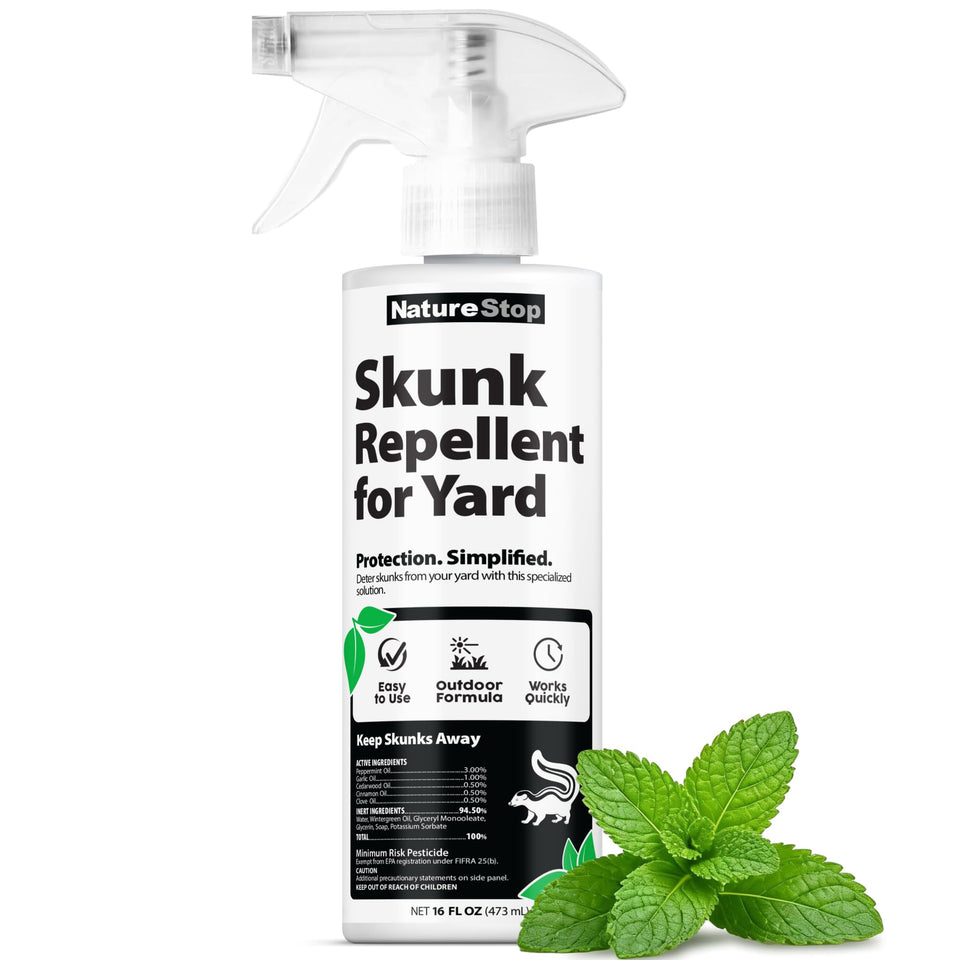 NatureStop Skunk Repellent Spray bottle deterring skunks around a yard.