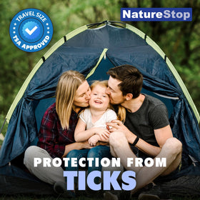 NatureStop Tick Repellent Spray being applied to skin for hiking or camping