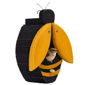 NATUREYLWL bee-shaped bird house in garden for bird watching and decoration.