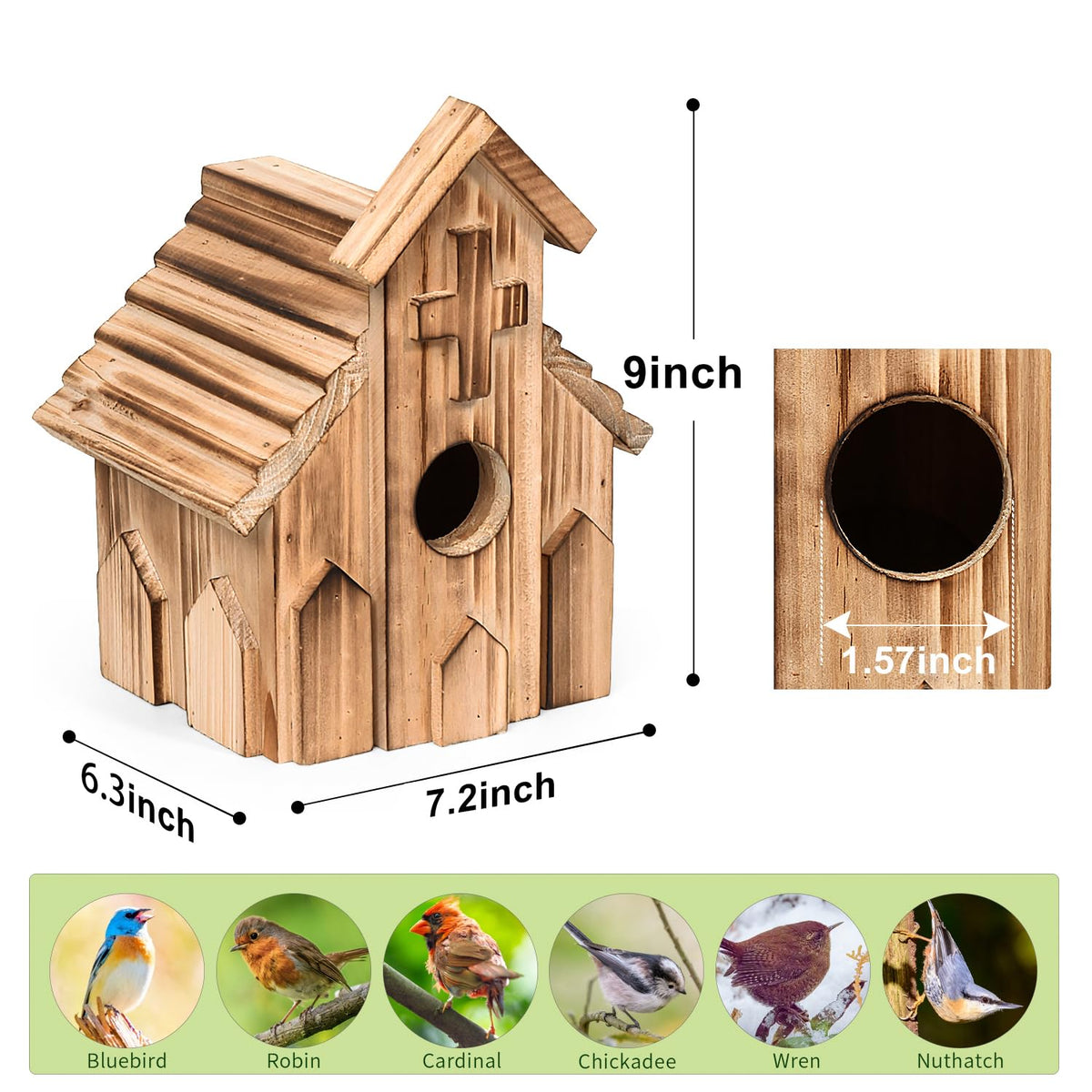 NATUREYLWL cross-design birdhouse offers safe entry for small birds outdoors
