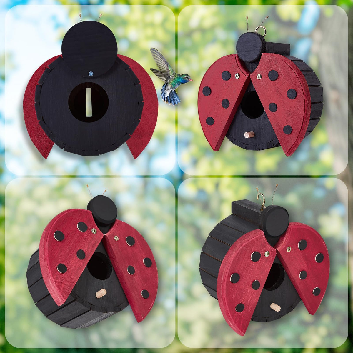 NATUREYLWL ladybug-pattern birdhouse with bright colors attracts birds to your garden.