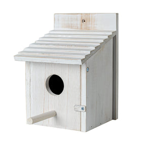 Natureylwl wooden bird house outdoors with perch inviting finches and bluebirds.