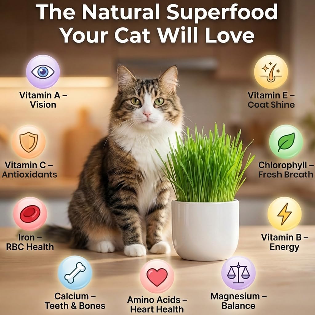 NatureZ Edge barley oat grass mix provides varied textures for indoor kitty lawns.