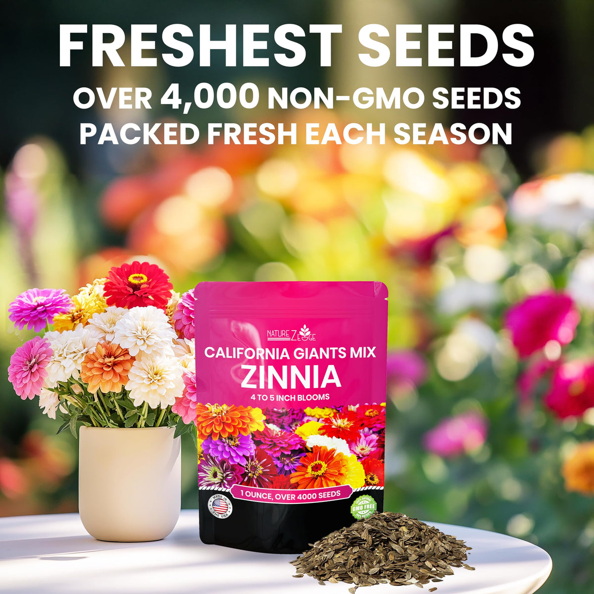 NatureZ Edge zinnia seeds border detail illustrating bold colors and long-season interest.